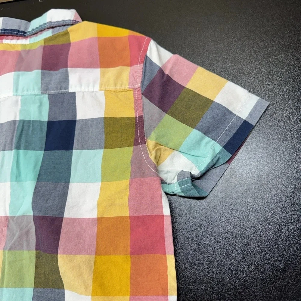 Gymboree Boys Rock Yellow‎ Blue Magenta Checkered Shirt Size S 5/6 Short Sleeve